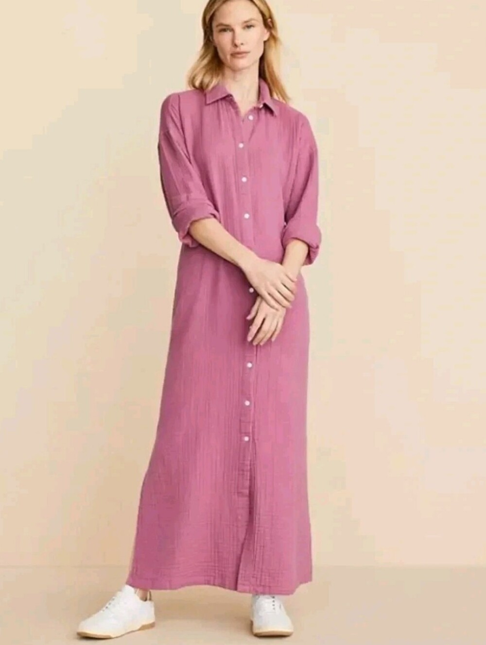 Lou & Grey Gauze Long Sleeve Maxi Shirtdress S Mauve Pink NEW